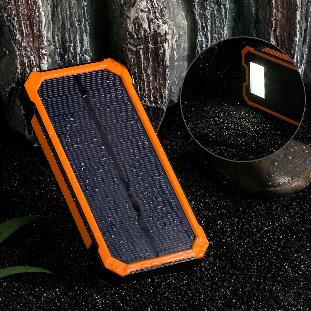 Orange 20000mAh solar power bank with three-proof waterproof dustproof shockproof construction