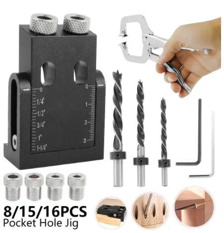 Black aluminium woodworking perforation locator with drill bits for board connections