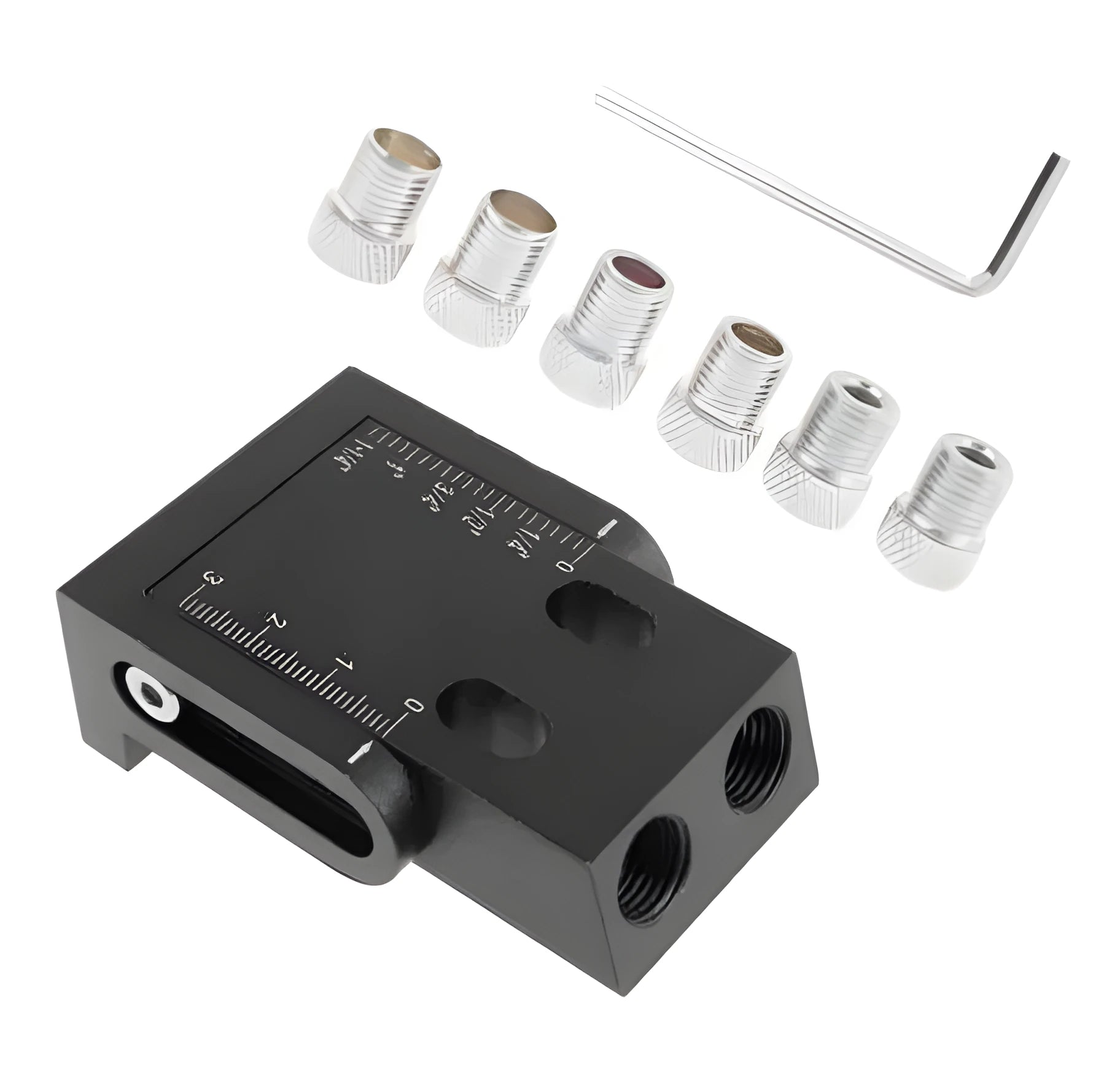 Black aluminium woodworking perforation locator with drill bits for board connections