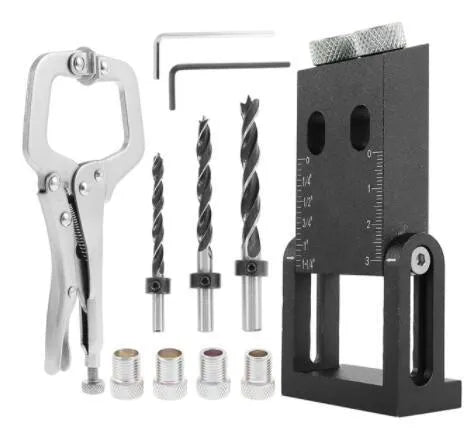 Black aluminium woodworking perforation locator with drill bits for board connections