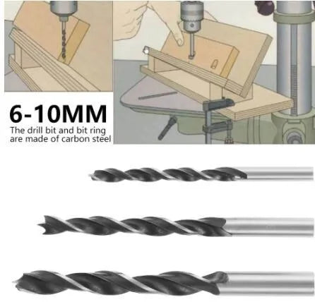 Black aluminium woodworking perforation locator with drill bits for board connections