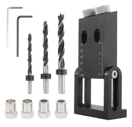 Black aluminium woodworking perforation locator with drill bits for board connections