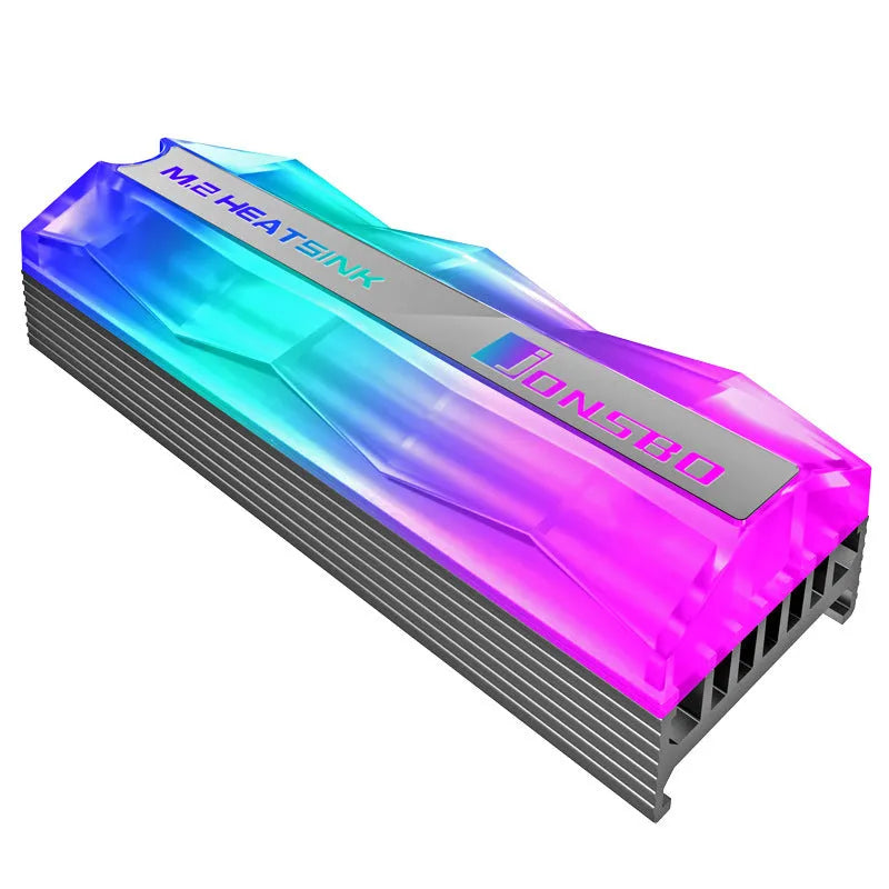 M.2 hard drive cooler with colour changing LED fan, heat pipe, and ABS housing on a black background