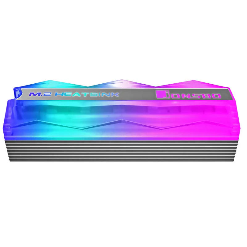 M.2 hard drive cooler with colour changing LED fan, heat pipe, and ABS housing on a black background