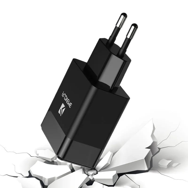 Black and white USB travel charger with European and American plug pins for international phone charging