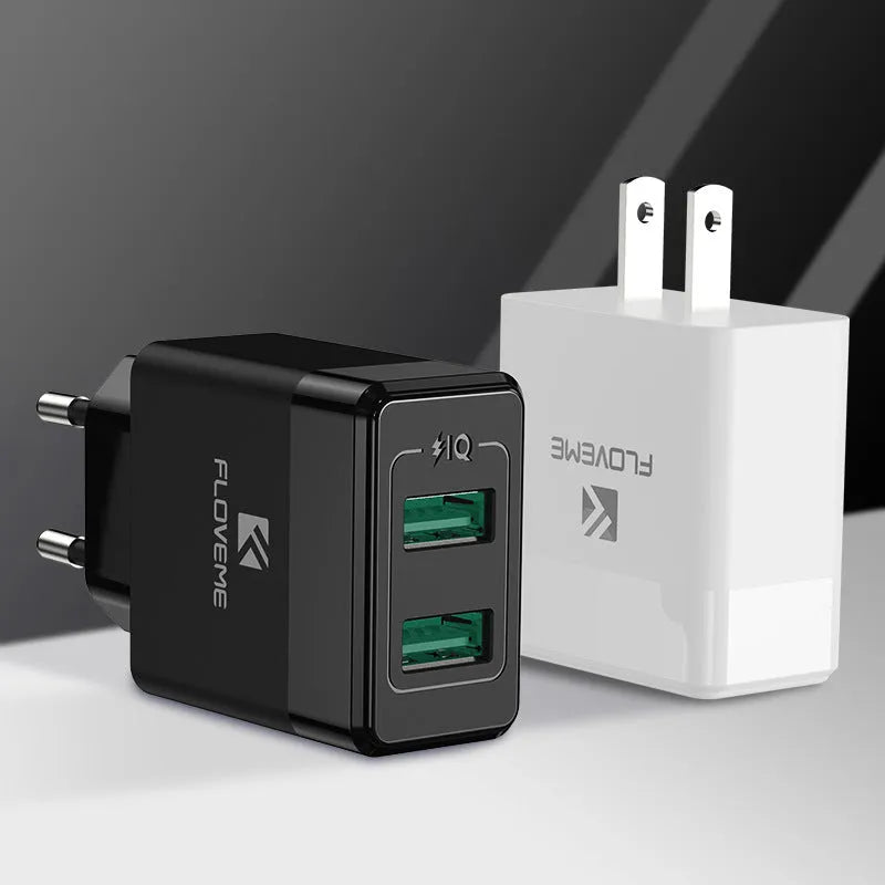 Black and white USB travel charger with European and American plug pins for international phone charging