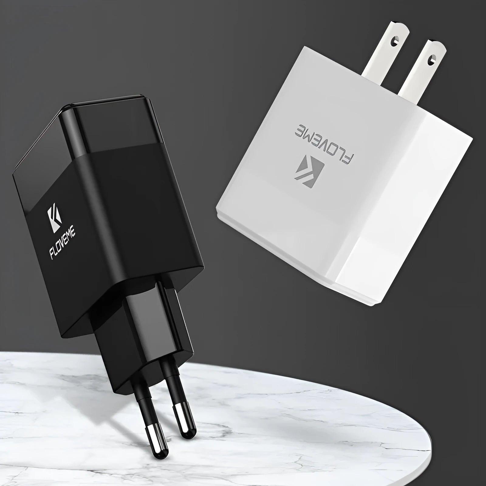 Black and white USB travel charger with European and American plug pins for international phone charging