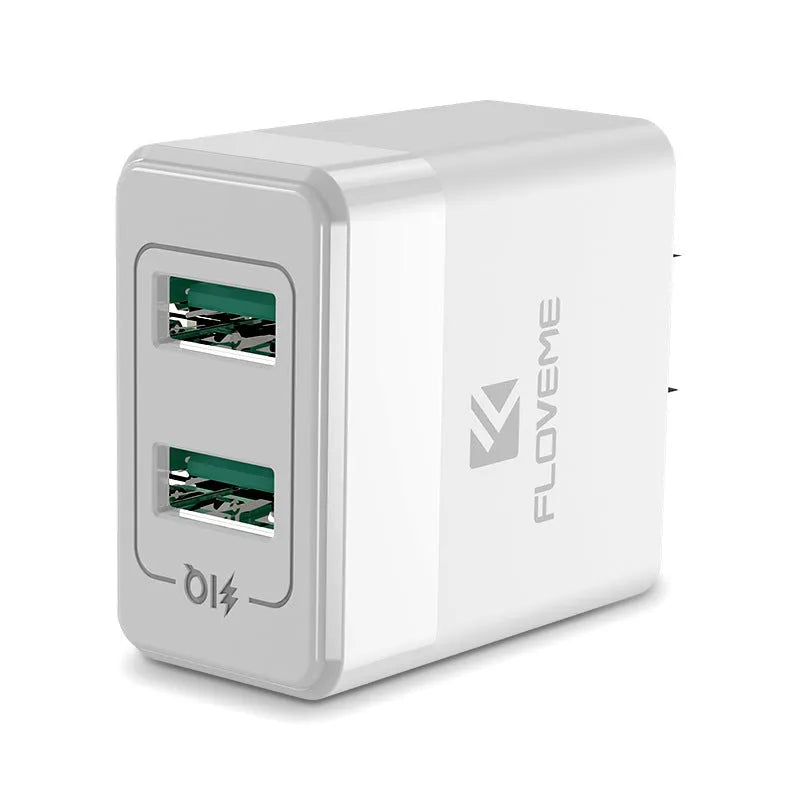 Black and white USB travel charger with European and American plug pins for international phone charging