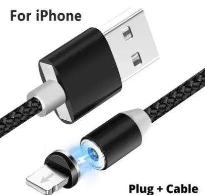 Black magnetic USB charging cable with interchangeable Type C, Micro USB and Lightning tips