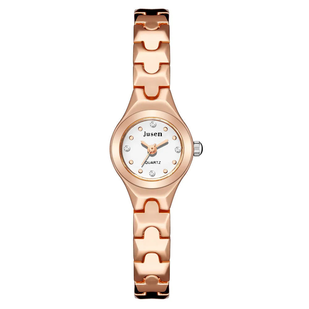 Small fine quartz ladies bracelet watch with round alloy case and stainless steel horseshoe buckle