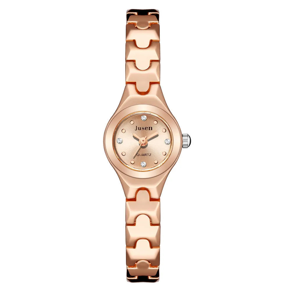 Small fine quartz ladies bracelet watch with round alloy case and stainless steel horseshoe buckle