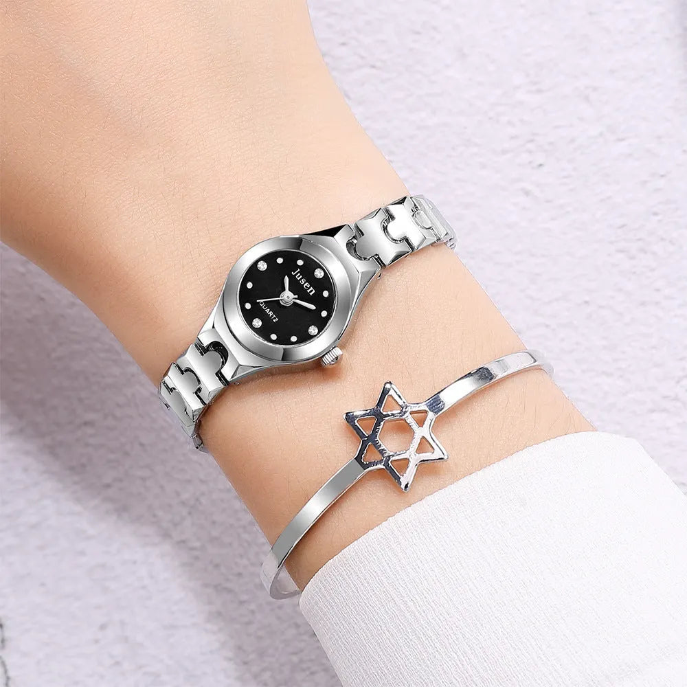 Small fine quartz ladies bracelet watch with round alloy case and stainless steel horseshoe buckle