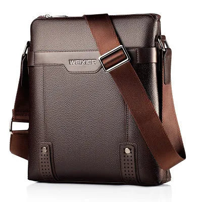 Men's black PU leather casual shoulder bag with zipper and adjustable strap