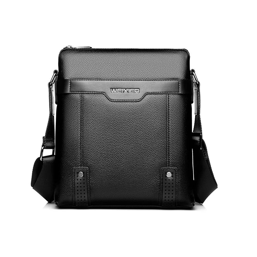 Men's black PU leather casual shoulder bag with zipper and adjustable strap