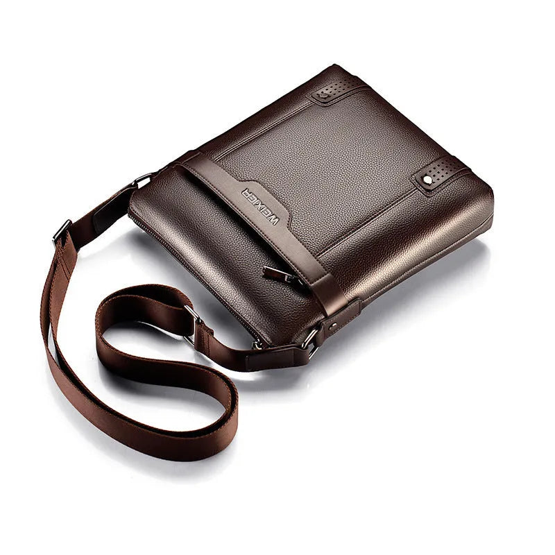 Men's black PU leather casual shoulder bag with zipper and adjustable strap