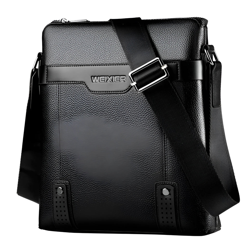 Men's black PU leather casual shoulder bag with zipper and adjustable strap