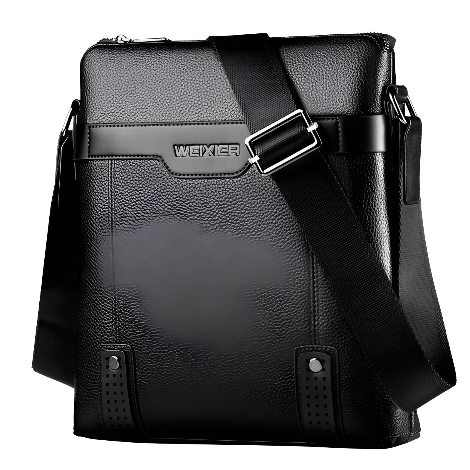 Men's black PU leather casual shoulder bag with zipper and adjustable strap