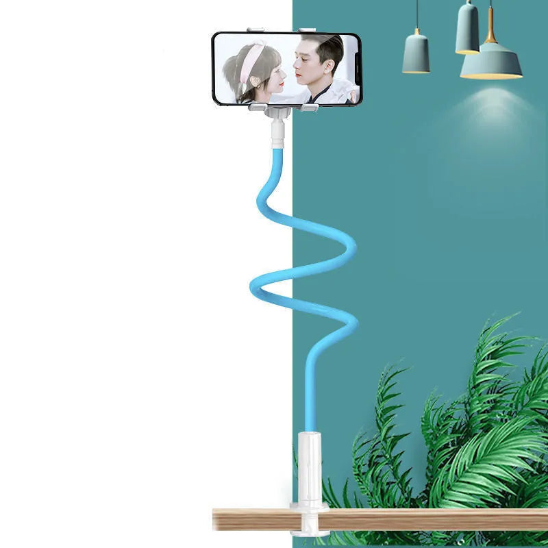 Blue memory alloy mobile phone holder with universal clamp attached to bedside frame