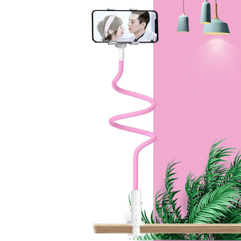 Blue memory alloy mobile phone holder with universal clamp attached to bedside frame