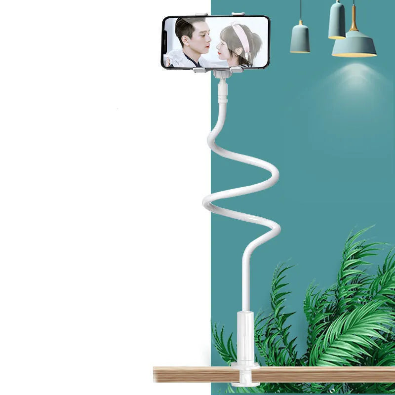 Blue memory alloy mobile phone holder with universal clamp attached to bedside frame