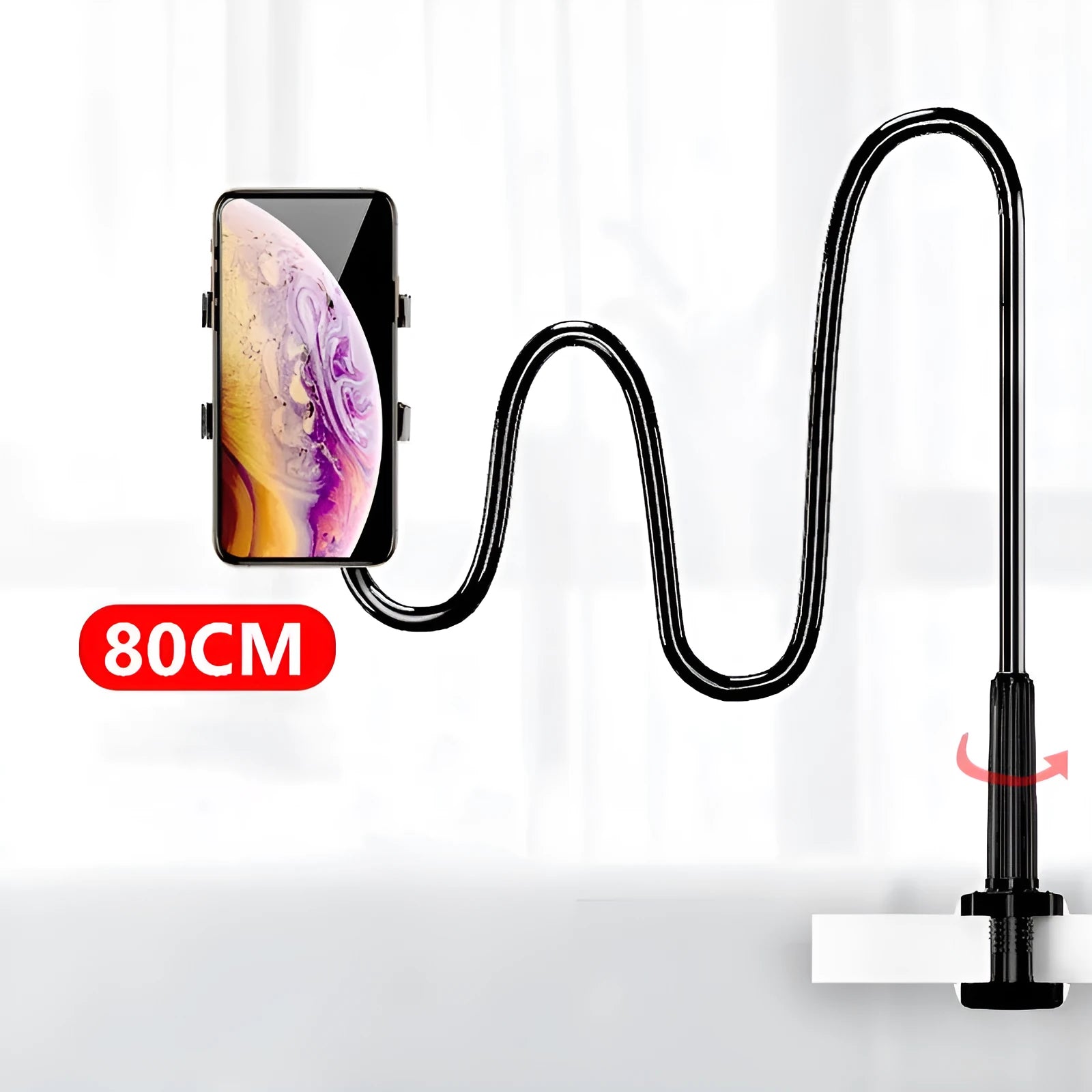 Blue memory alloy mobile phone holder with universal clamp attached to bedside frame