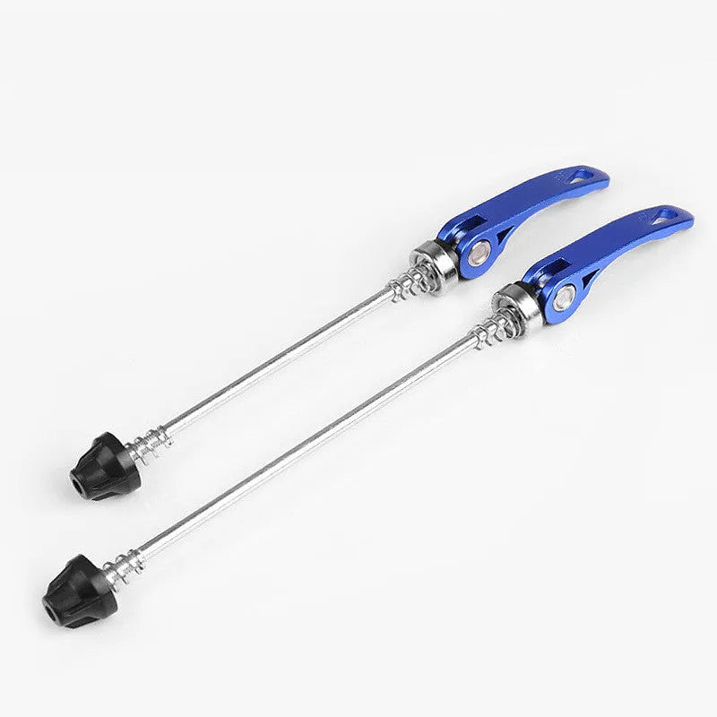Bicycle quick release lever in black, blue, gold, red, or silver with aluminium handle and galvanised rod