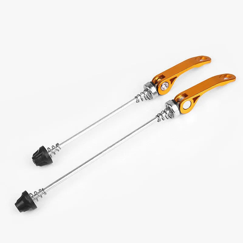 Bicycle quick release lever in black, blue, gold, red, or silver with aluminium handle and galvanised rod