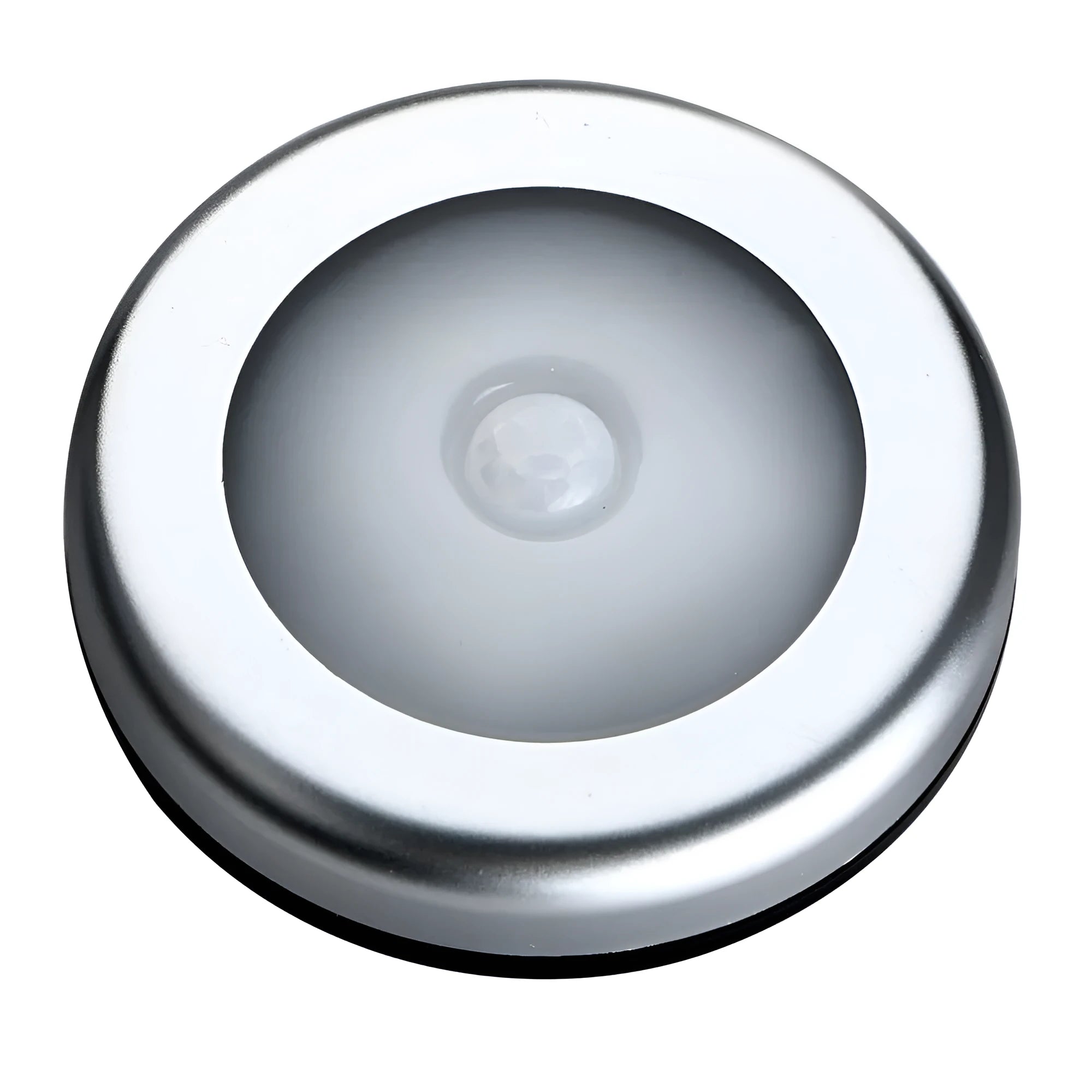 Silver square battery-operated motion sensor night light for automatic illumination.