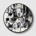 Abstract art round wall clock with metal case and glass mirror in Mysterious Black