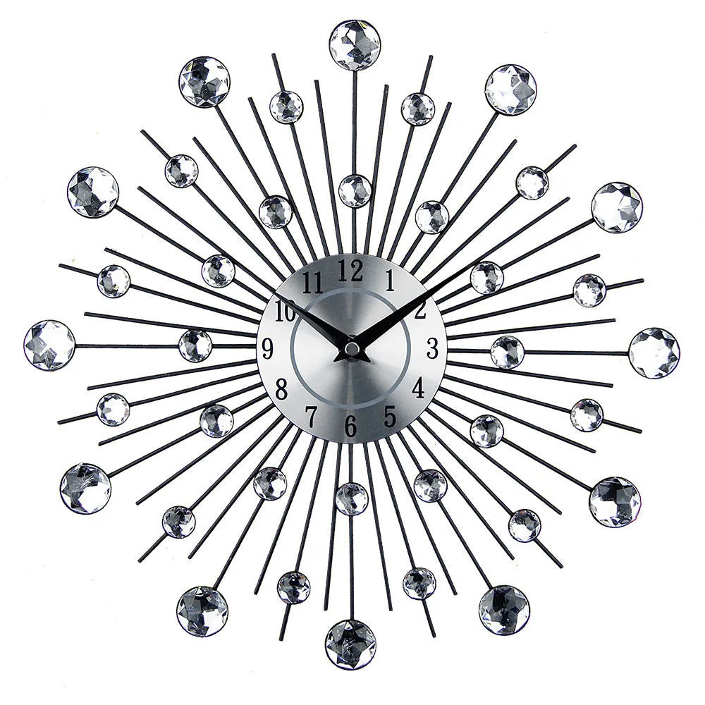 Large silver round wall clock with aluminium dial on a wall
