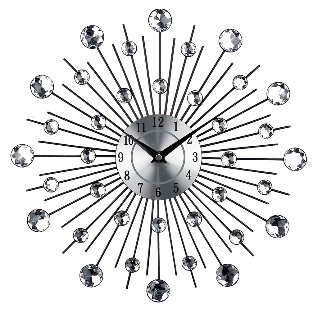 Large silver round wall clock with aluminium dial on a wall