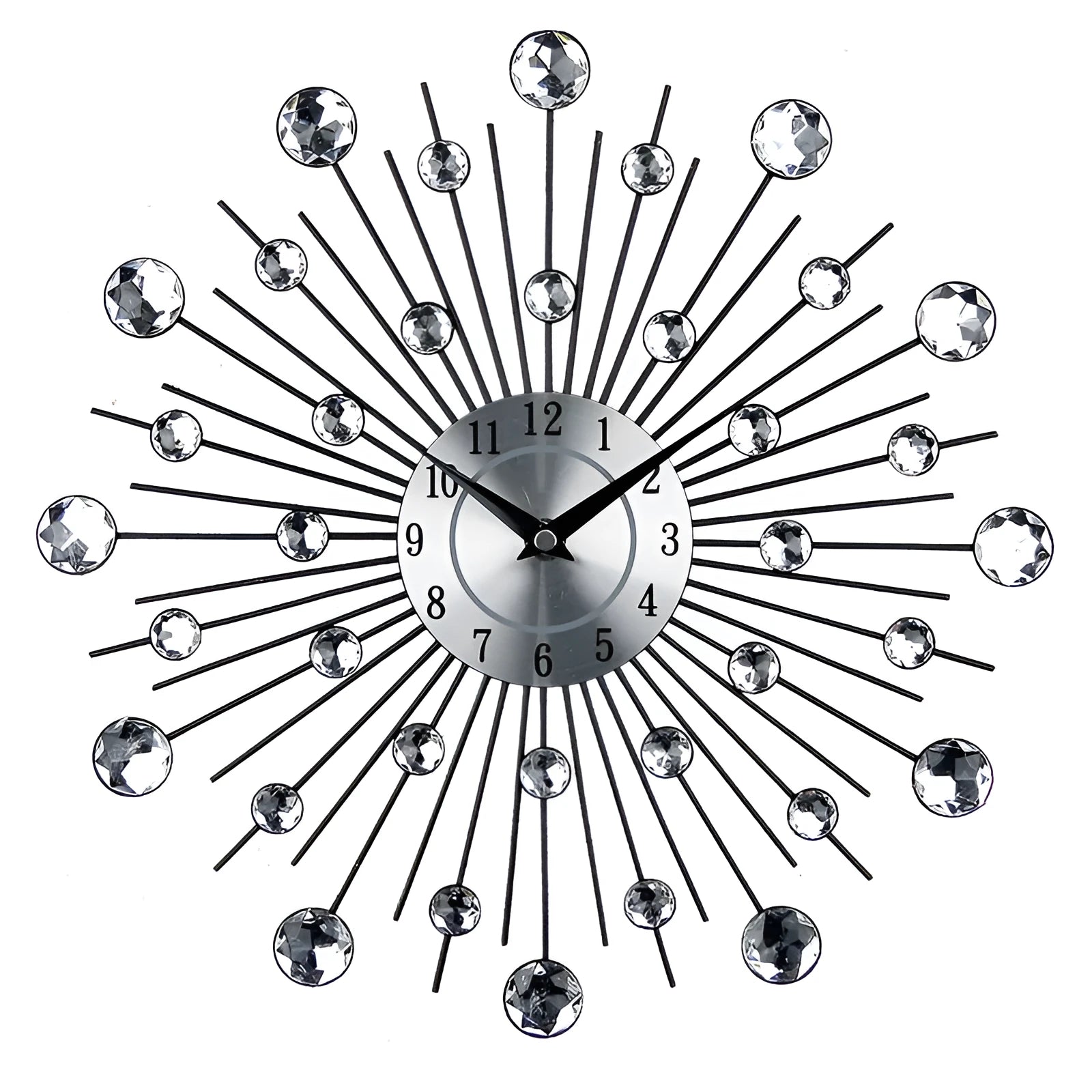 Large silver round wall clock with aluminium dial on a wall