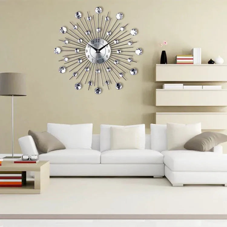 Large silver round wall clock with aluminium dial on a wall