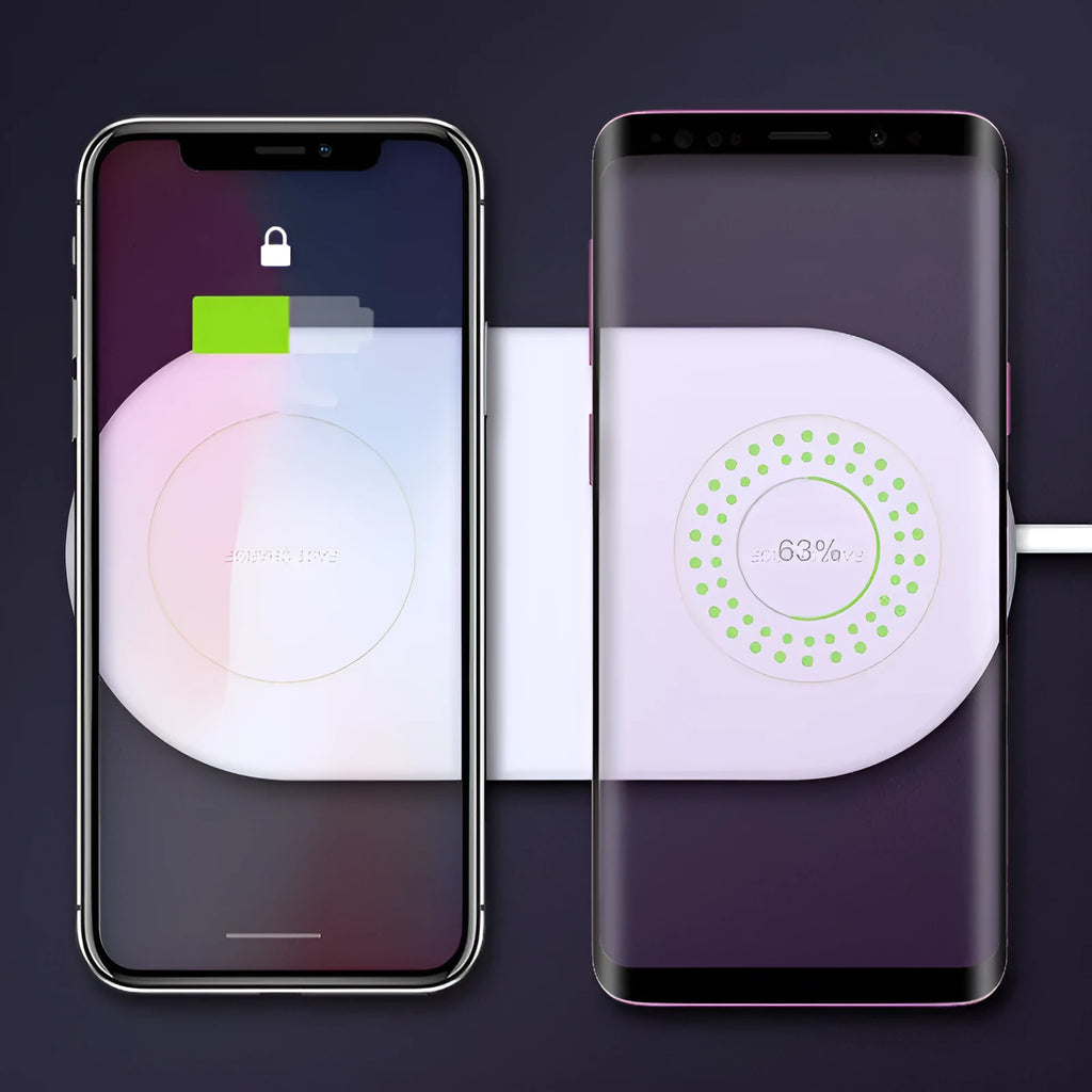 White dual wireless charger for two mobile phones with fast charging support