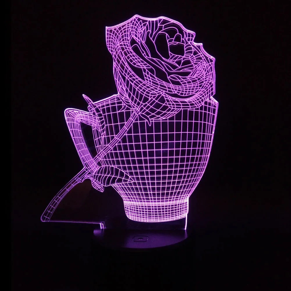 3D acrylic rose flower LED night light with remote control on a dark surface, showing colourful illumination.