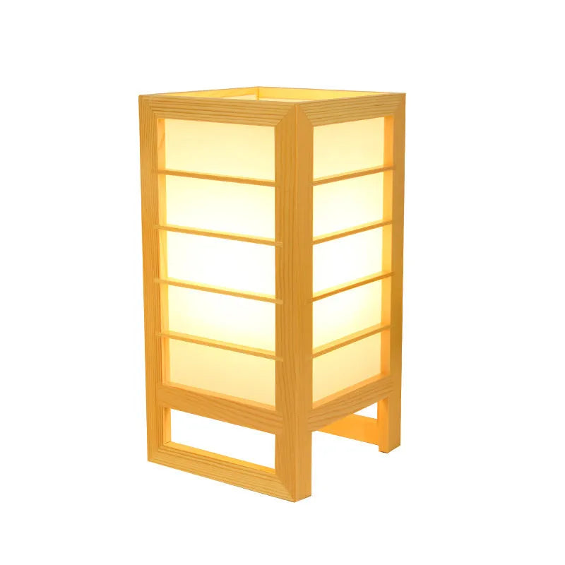 Solid wood Korean style tatami bedside lamp with bamboo wood holder showing warm and white light options