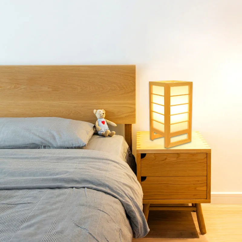 Solid wood Korean style tatami bedside lamp with bamboo wood holder showing warm and white light options