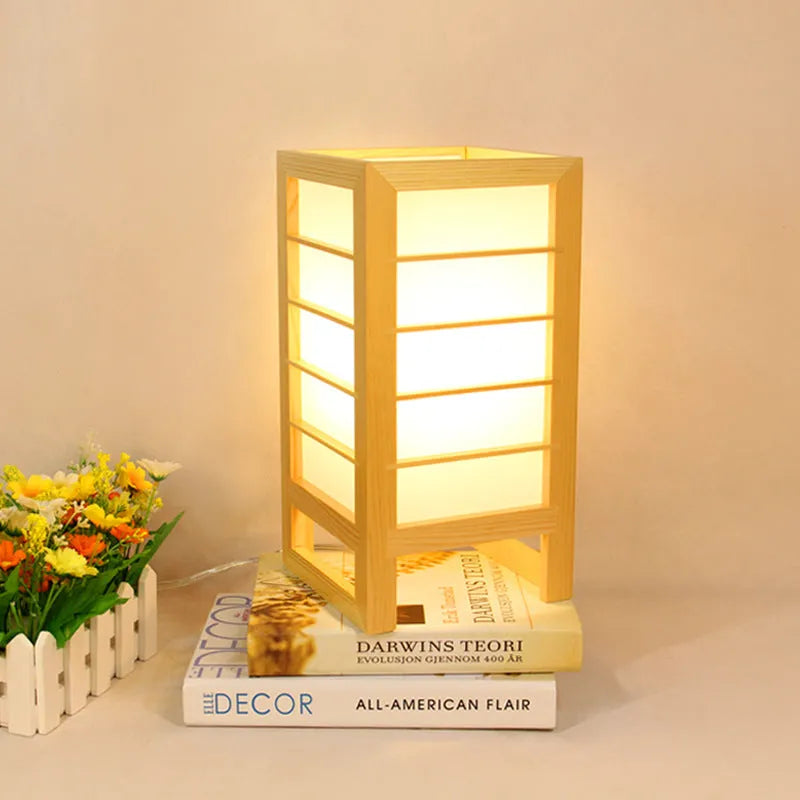 Solid wood Korean style tatami bedside lamp with bamboo wood holder showing warm and white light options