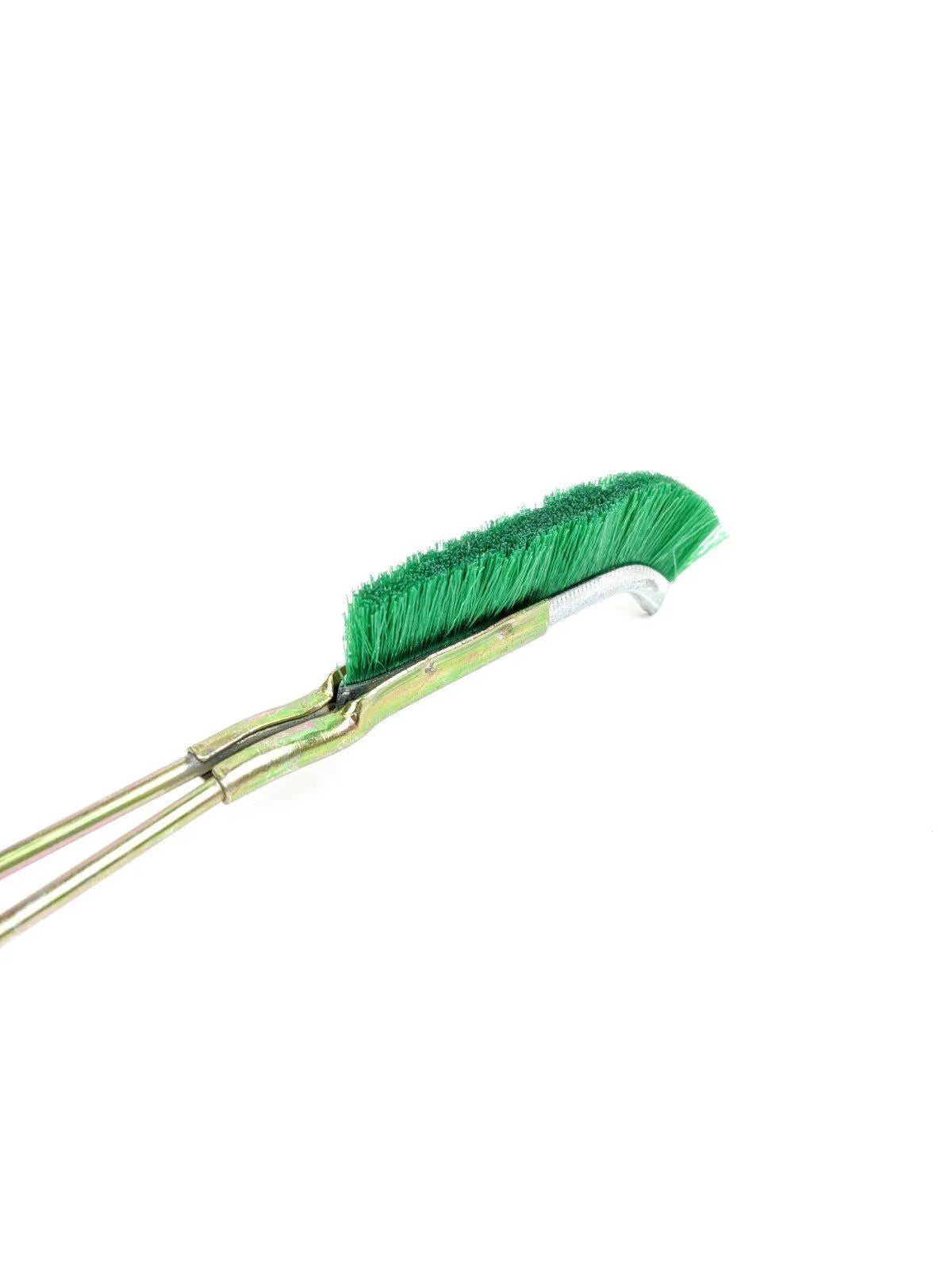Green elbow-shaped nylon wire rust removal brush with metal handle for cleaning range hoods