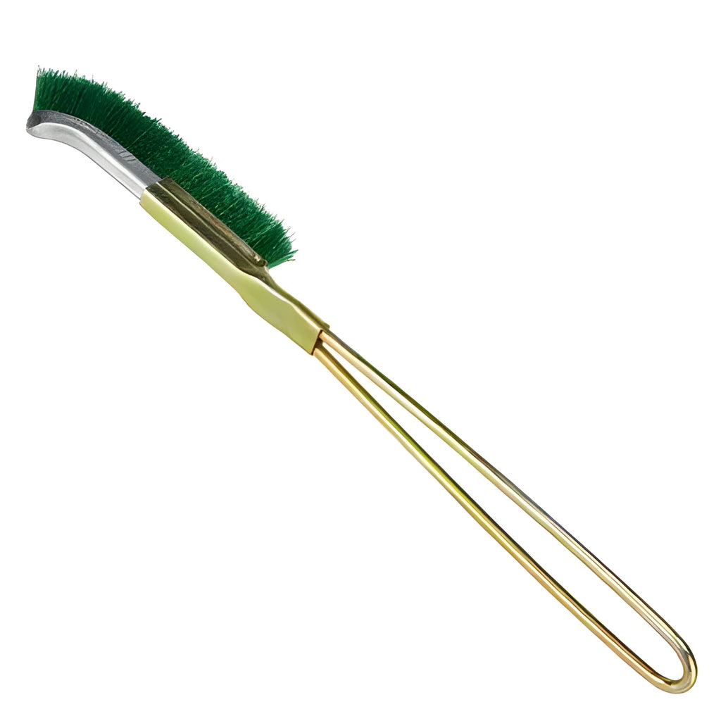 Green elbow-shaped nylon wire rust removal brush with metal handle for cleaning range hoods