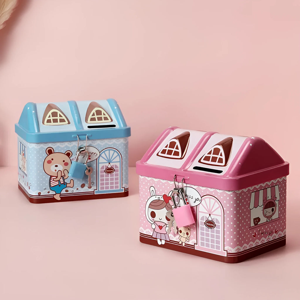 Blue house-shaped tinplate piggy bank on desktop showing round form and coin slot