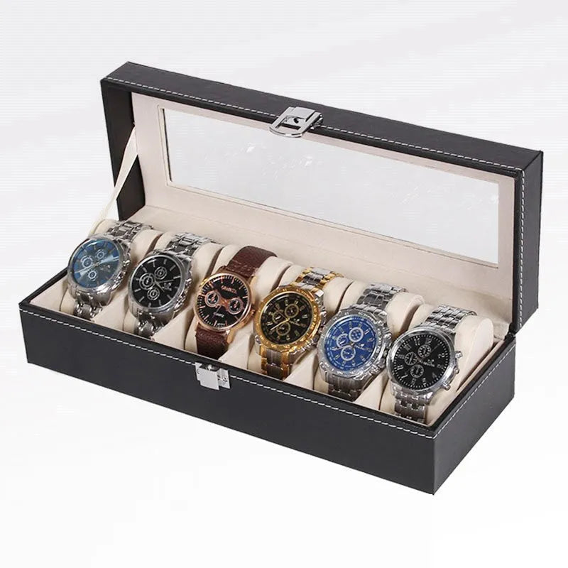 Black wooden watch display box with clear window showing six compartments for watch storage