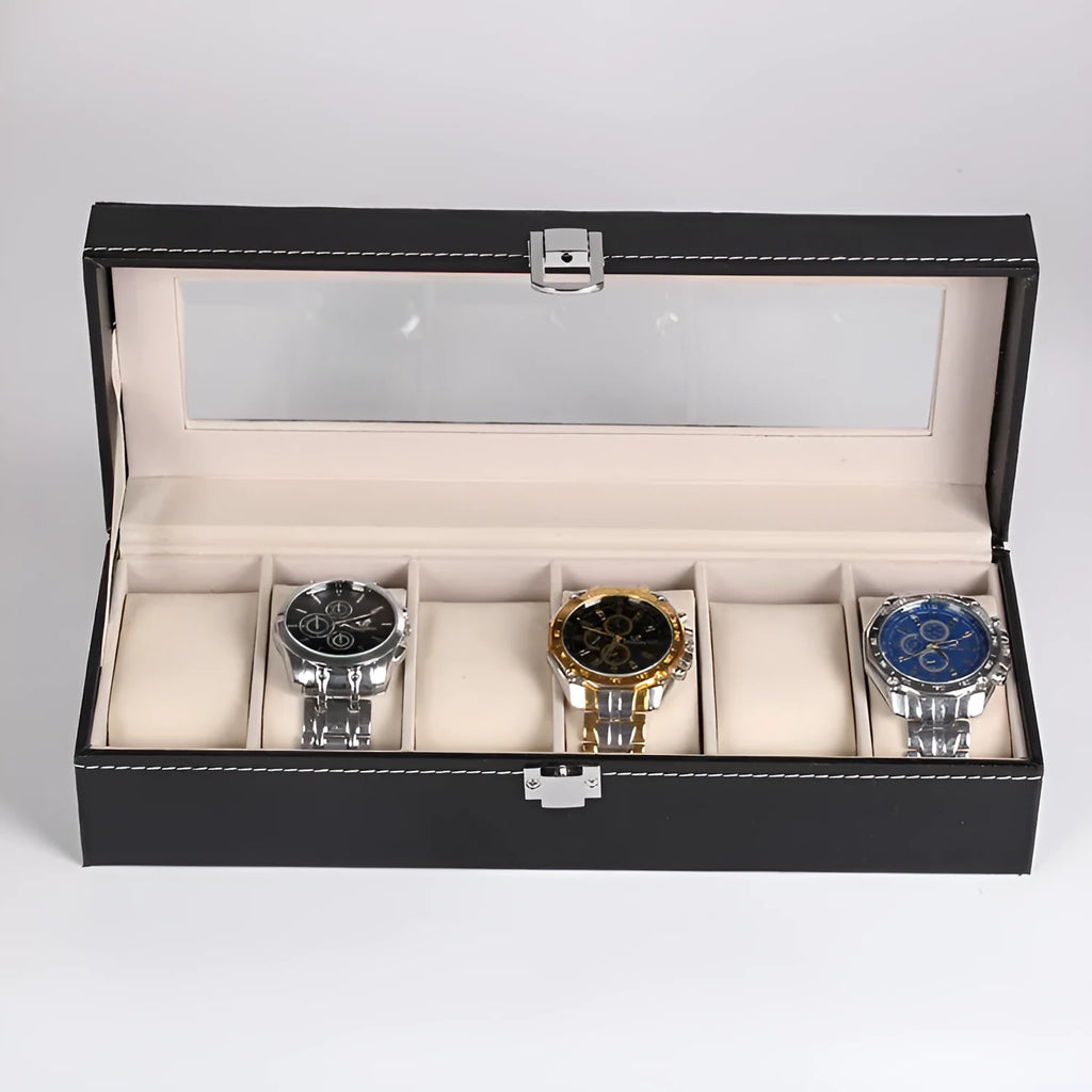 Black wooden watch display box with clear window showing six compartments for watch storage