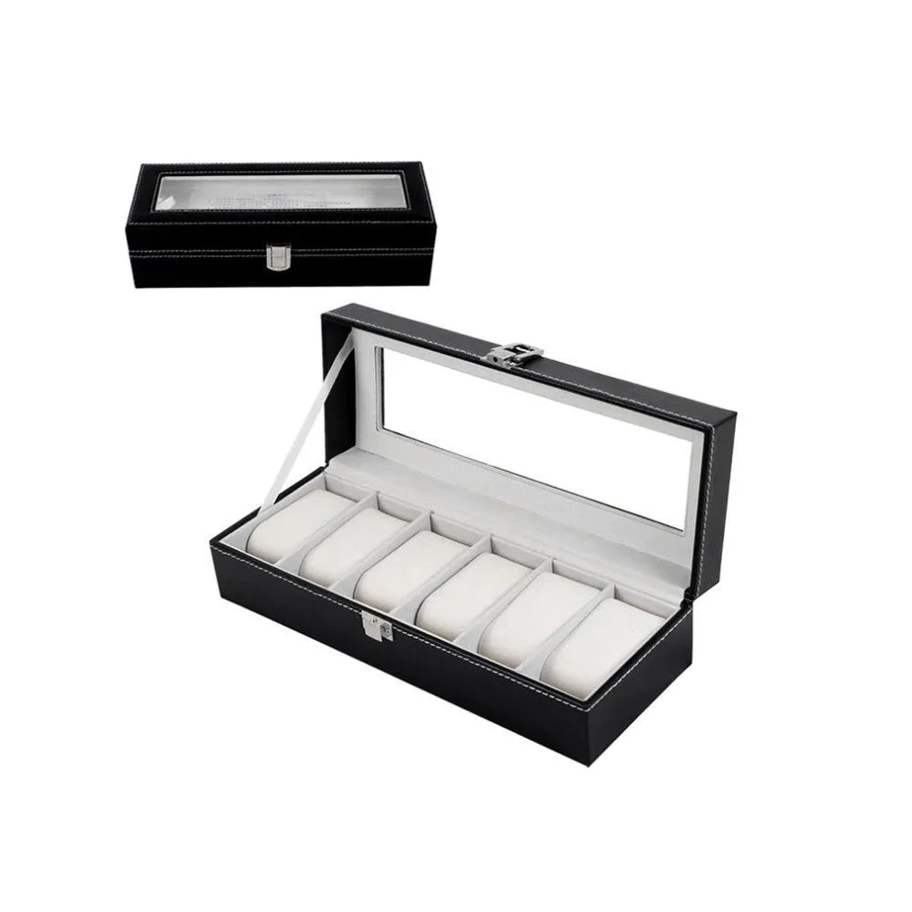 Black wooden watch display box with clear window showing six compartments for watch storage