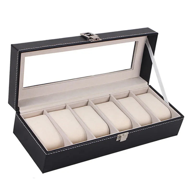 Black wooden watch display box with clear window showing six compartments for watch storage