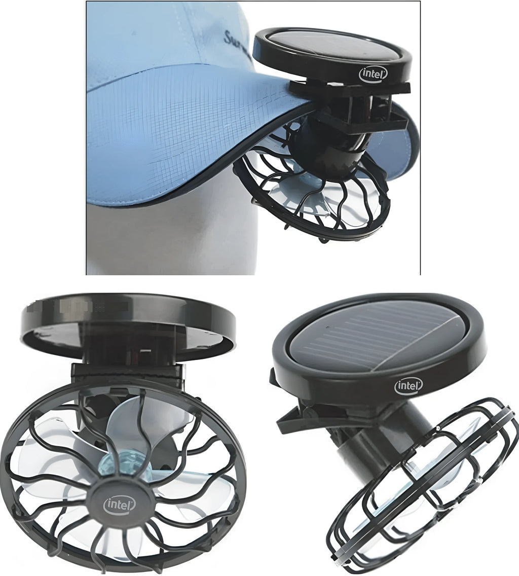 Black solar-powered clip-on fan with rectangular and round bottom design options for outdoor cooling