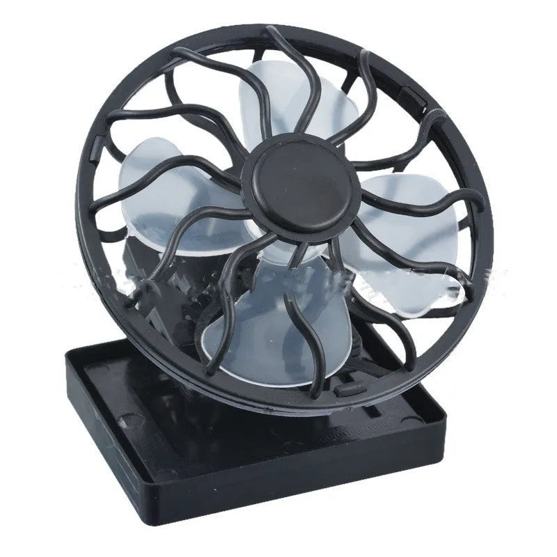 Black solar-powered clip-on fan with rectangular and round bottom design options for outdoor cooling