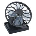 Black solar-powered clip-on fan with rectangular and round bottom design options for outdoor cooling