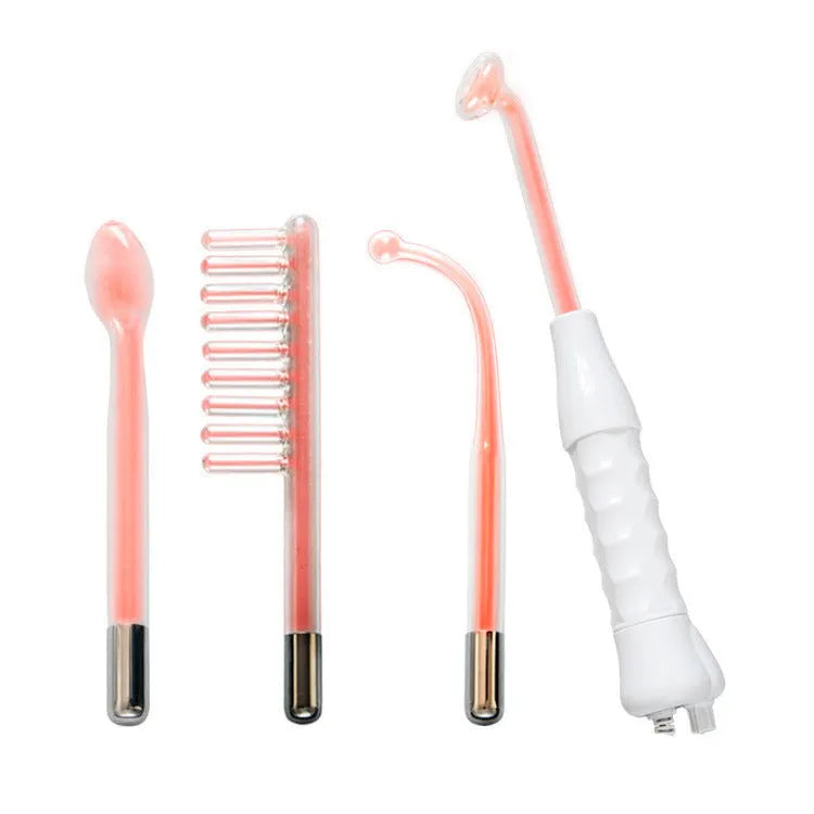 White hand held high frequency electrotherapy comb with glass tube accessories for acne and mite removal in box packaging