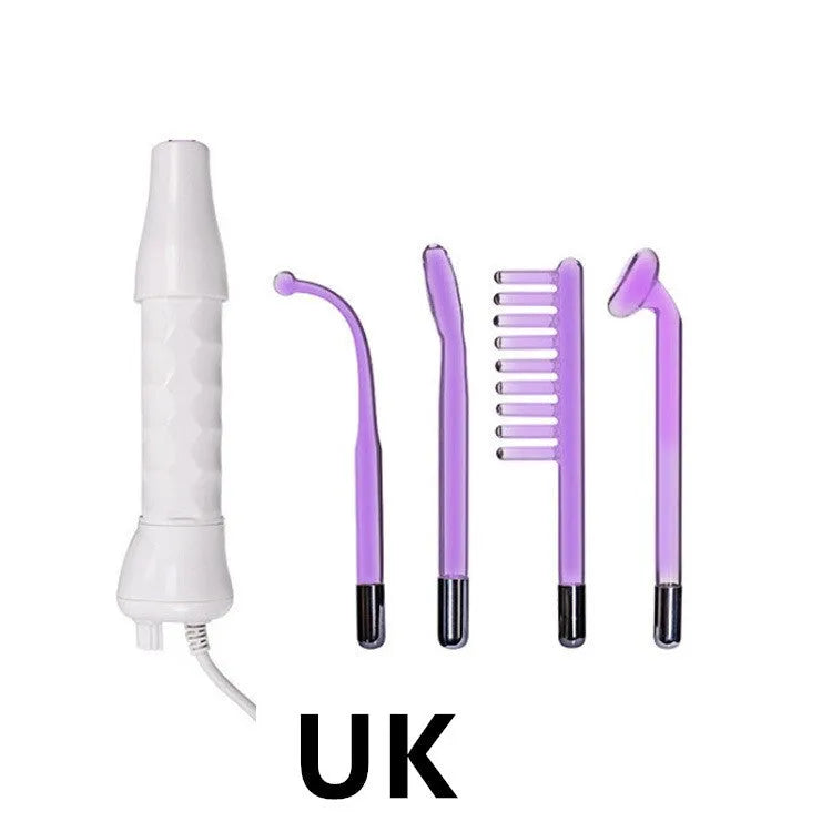 White hand held high frequency electrotherapy comb with glass tube accessories for acne and mite removal in box packaging